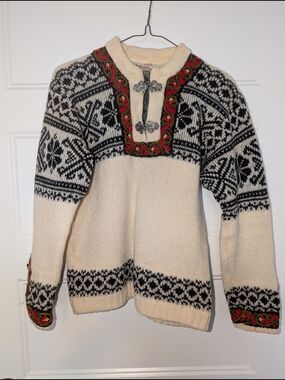 Vintage Scandinavian Wool Sweater with Embroidered Trim